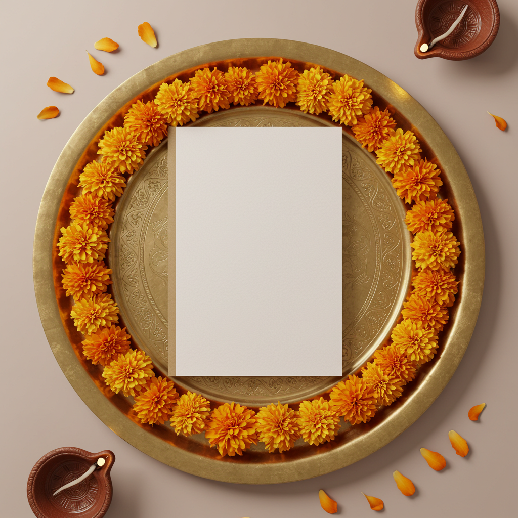 Marigold Garland with Blank Card on Traditional Tray