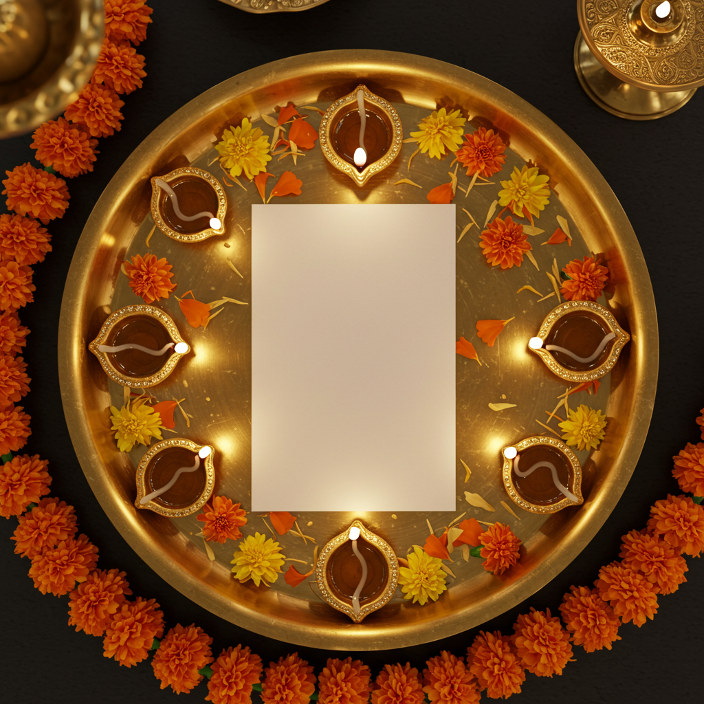 Diwali Festival Decor with Diyas and Marigold Flowers on Brass Plate