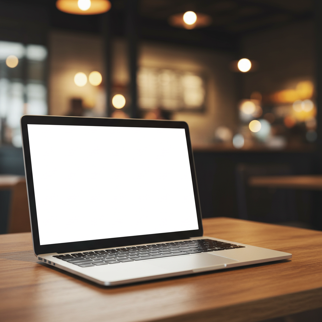 Modern Laptop on Cafe Table with Blank Screen
