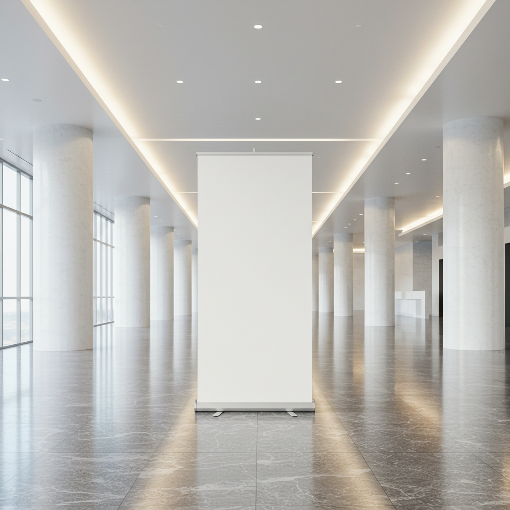 Modern Gallery Hall with Blank Roll-Up Banner Display