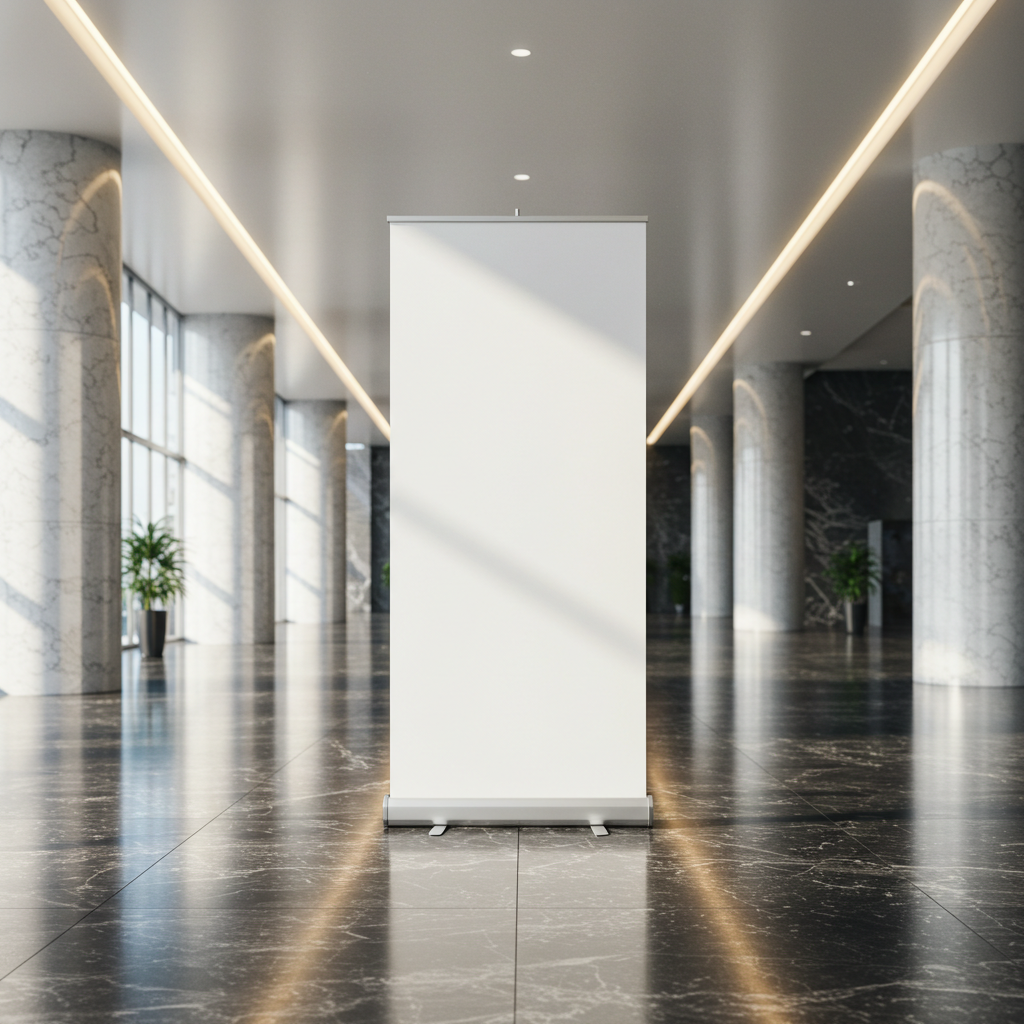 Sleek Roll-Up Banner in Modern Office Lobby