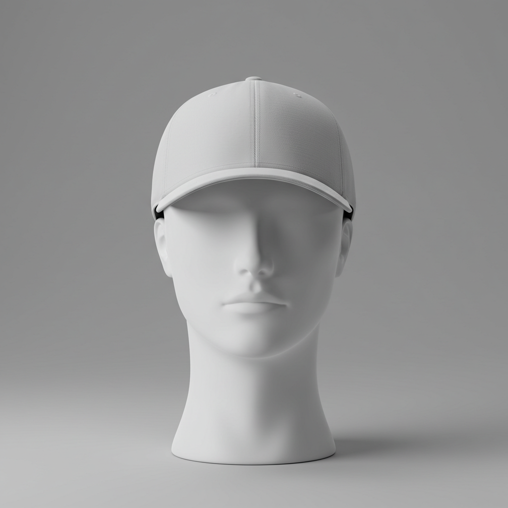 Minimalist White Baseball Cap on Display Mannequin