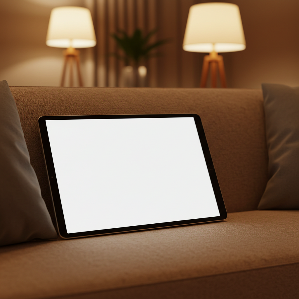 Tablet Display on Cozy Sofa in Warm Living Room Lighting