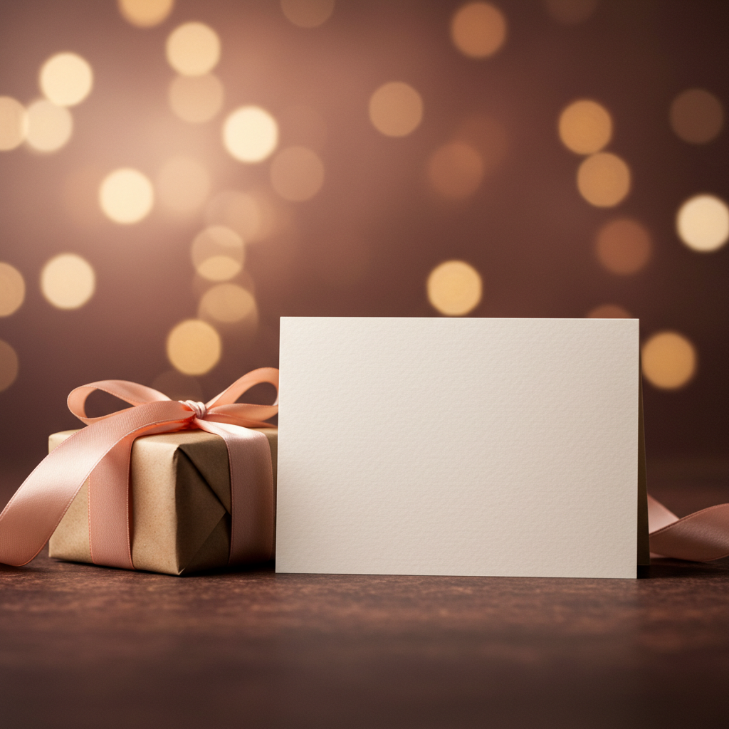Gift Box with Greeting Card and Festive Lights Background