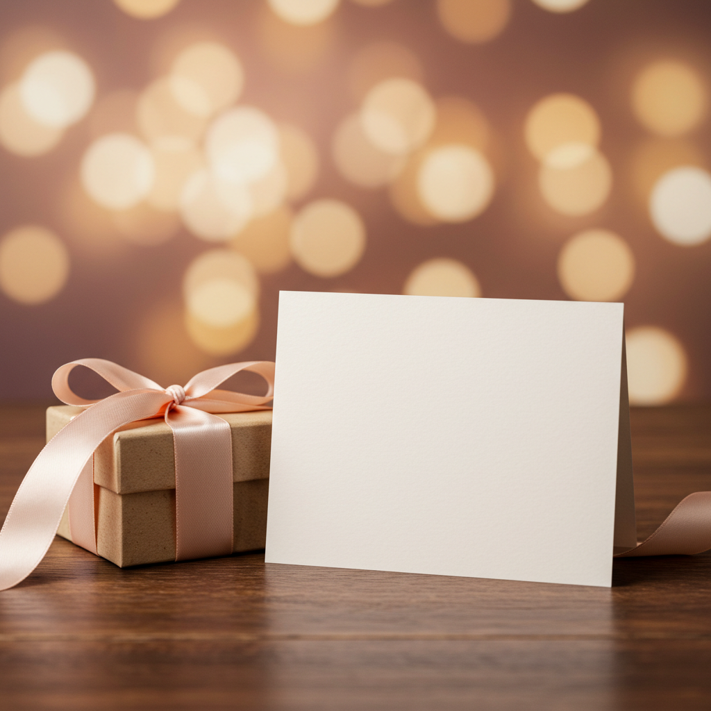 Gift Box with Ribbon and Blank Card on Wooden Table