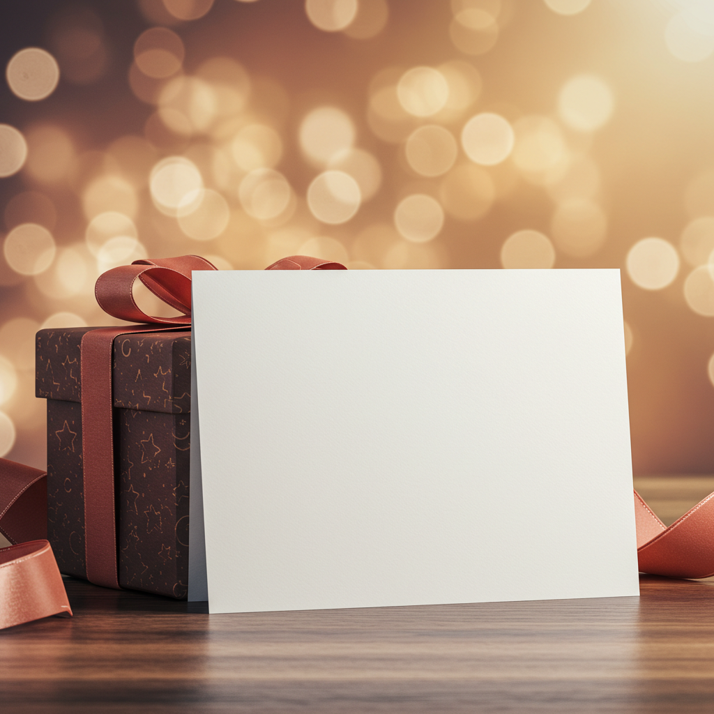Gift Box with Blank Card and Bokeh Lights Background