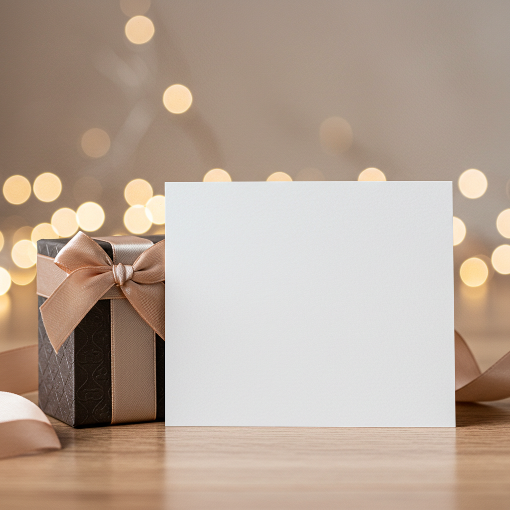 Gift Box with Blank Card and Soft Bokeh Lights Background