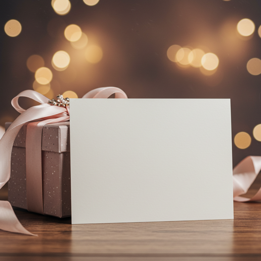 Gift Box with Blank Card and Bokeh Lights on Wooden Table