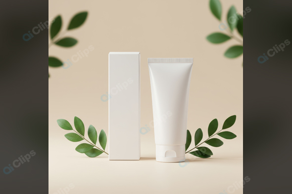 Natural Skincare Tube and Box with Green Leaves