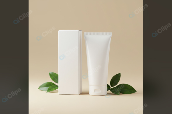Cream Tube and Box with Green Leaves on Beige Background