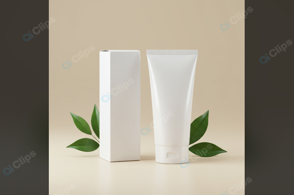 Minimalist Skincare Tube and Box with Green Leaves