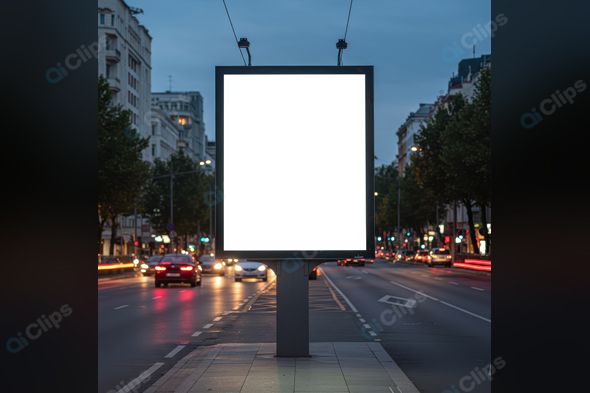 City Street with Illuminated Blank Billboard at Dusk