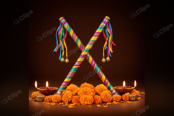 Dandiya Sticks and Marigold with Diwali Diyas