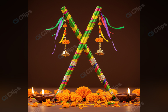 Colorful Dandiya Sticks with Marigold Flowers and Diyas