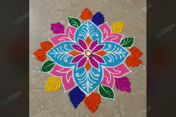 Colorful Rangoli Design with Central Diya Candle