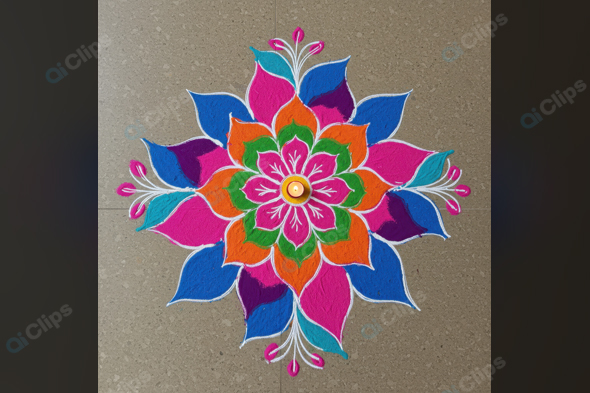 Colorful Rangoli Design with Diya Centerpiece