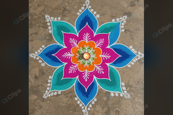 Colorful Rangoli Design with Diya on Stone Floor
