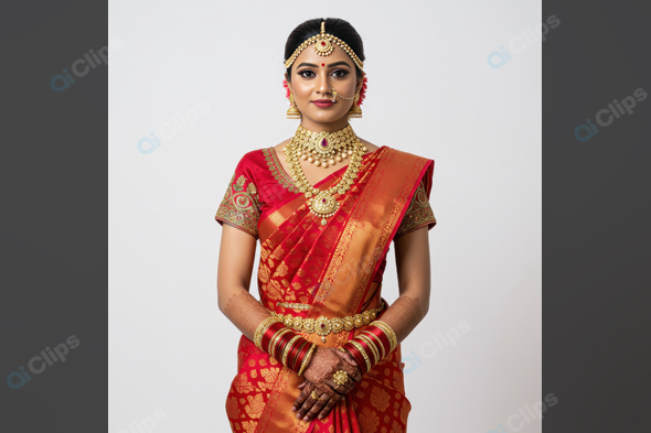 Traditional Bridal Portrait in Red and Gold Sari
