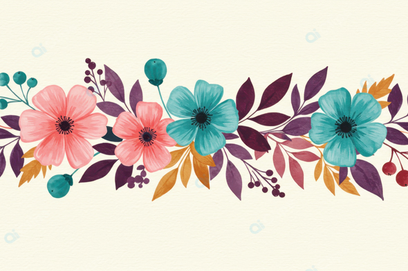 Floral Watercolor Border with Colorful Flowers and Leaves