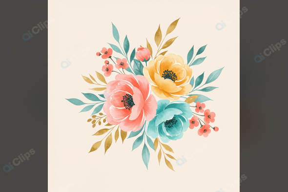 Floral Watercolor Bouquet with Peonies and Leaves