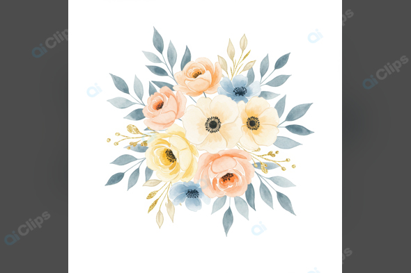 Watercolor Floral Bouquet with Leaves and Anemones