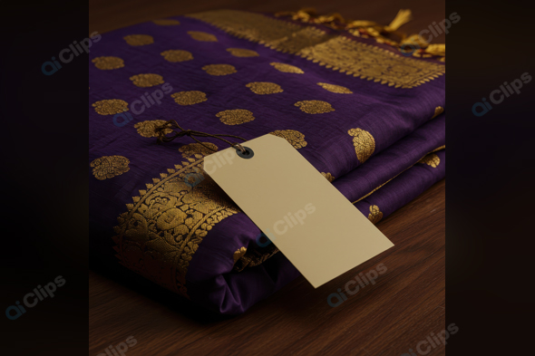 Purple Silk Saree with Gold Embroidery on Wooden Surface