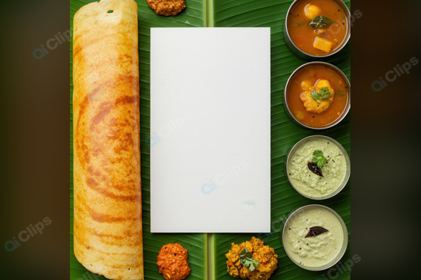 Dosa Platter with Indian Chutneys on Banana Leaf
