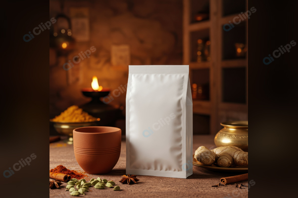Spice Packaging with Ceramic Cup and Herbs in Rustic Kitchen Setting