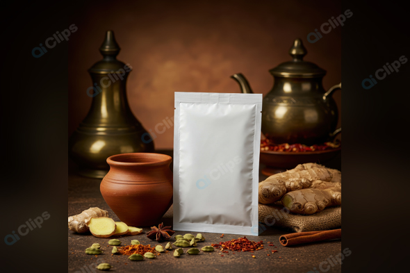 Spice Packaging with Ginger and Herbs on Rustic Table