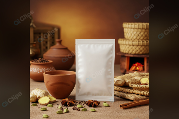 Herbal Tea Ingredients with Blank Packaging Pouch in Rustic Setting