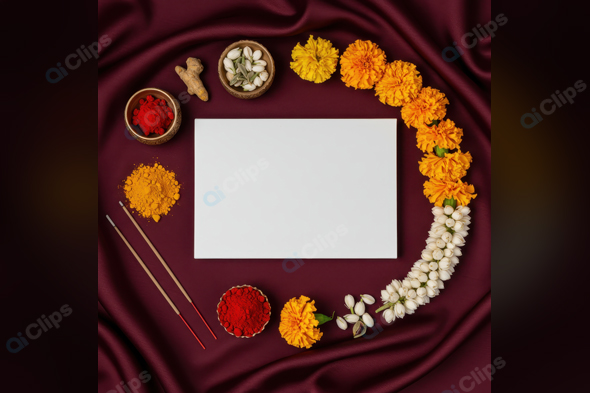 Maroon Fabric with Floral Garland and Incense Sticks
