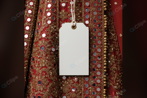 Ornate Red Fabric with Blank Tag and Gold Embroidery