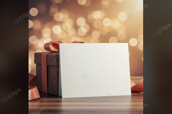 Gift Box with Blank Card and Bokeh Lights Background