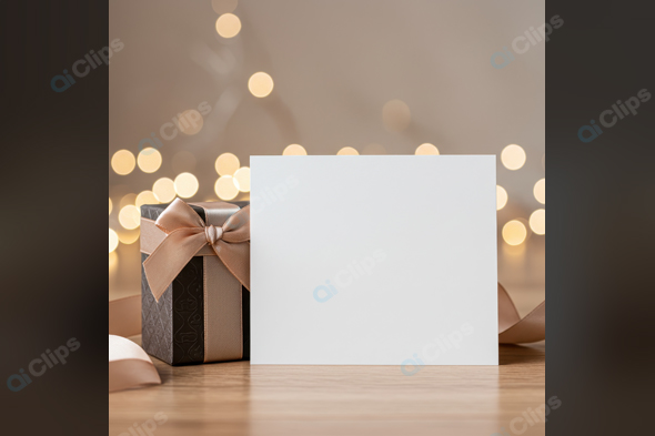 Gift Box with Blank Card and Soft Bokeh Lights Background