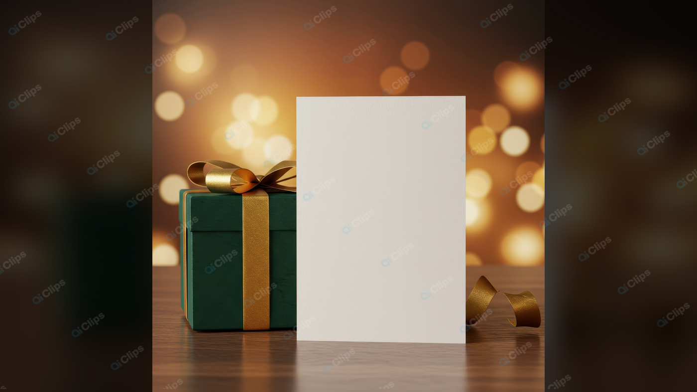 Gift Box with Gold Ribbon and Blank Card on Festive Background