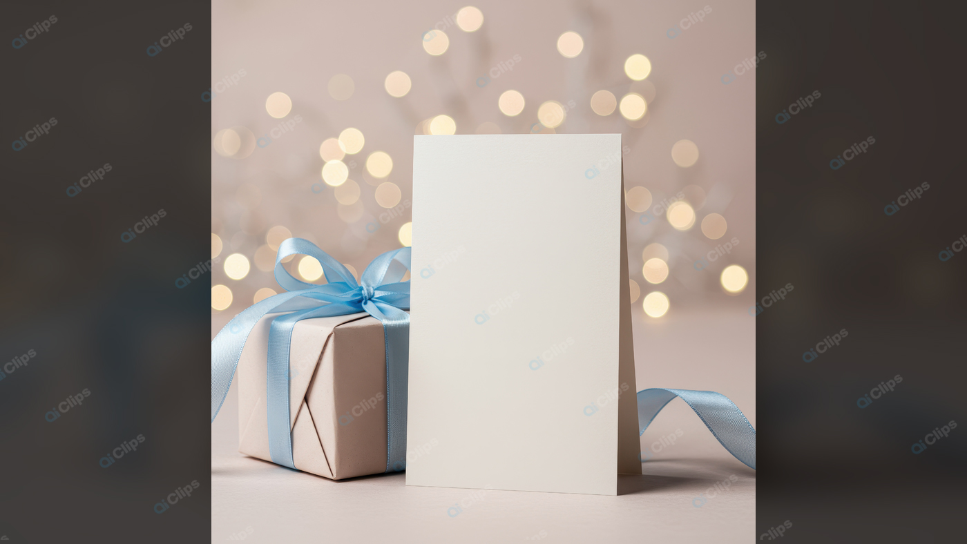 Gift Box with Blue Ribbon and Blank Card in Festive Setting