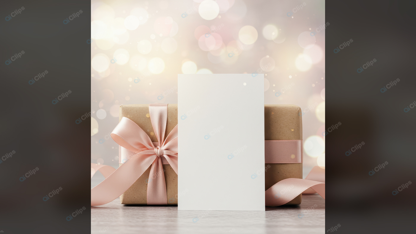 Gift Box with Pink Ribbon and Blank Card on Glittery Background