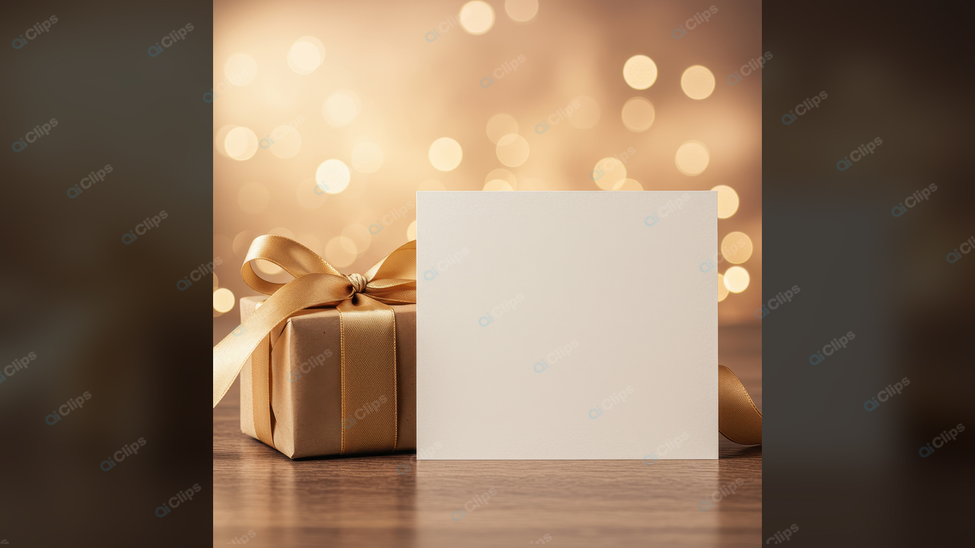 Gift Box with Blank Card and Golden Ribbon on Bokeh Background