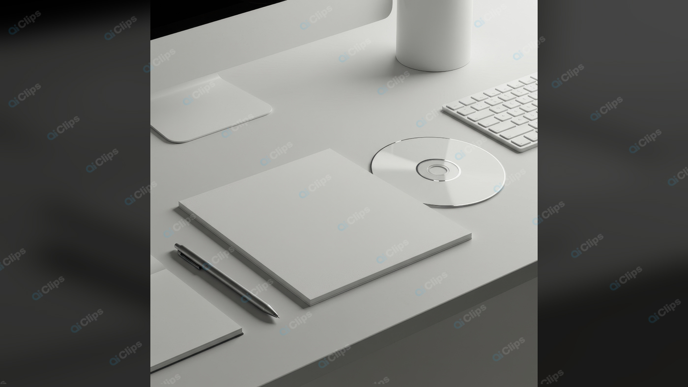 Minimalist Office Workspace with Notebook and CD