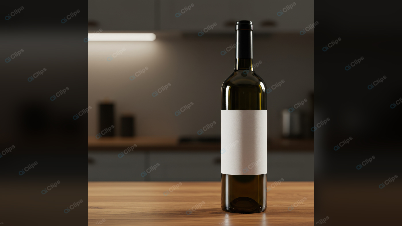 Wine Bottle with Blank Label on Wooden Countertop