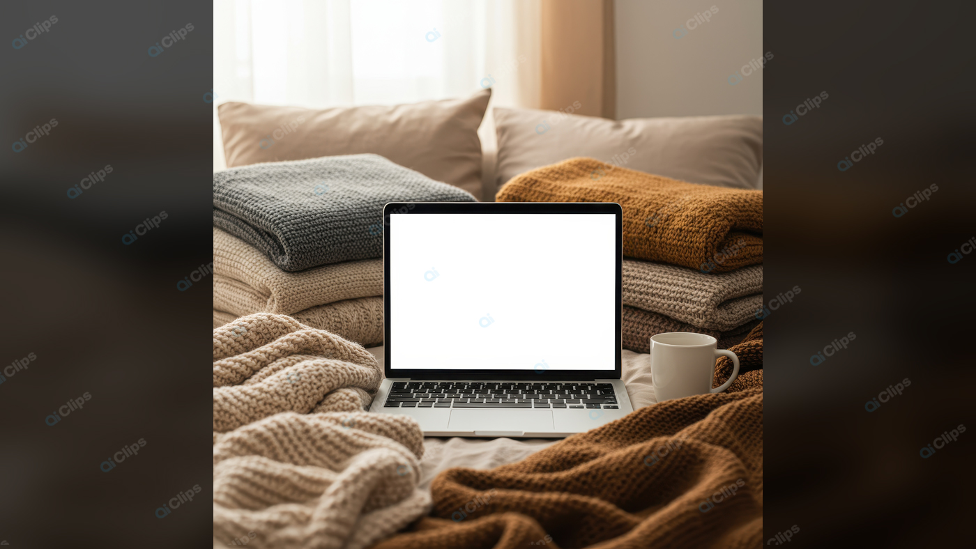 Cozy Laptop Workspace with Knitted Blankets and Coffee Cup