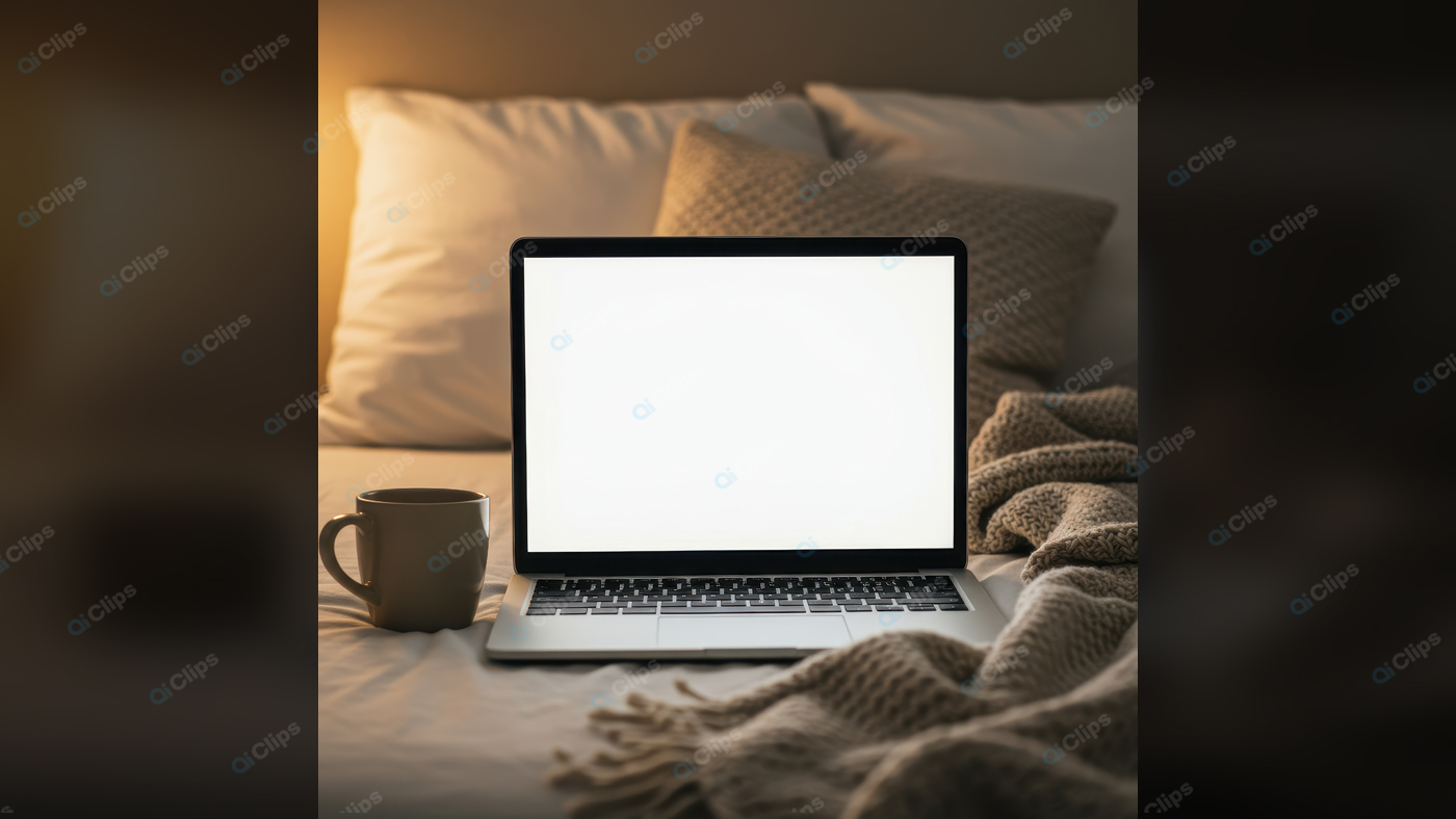 Cozy Evening: Laptop with Blank Screen and Coffee on Bed