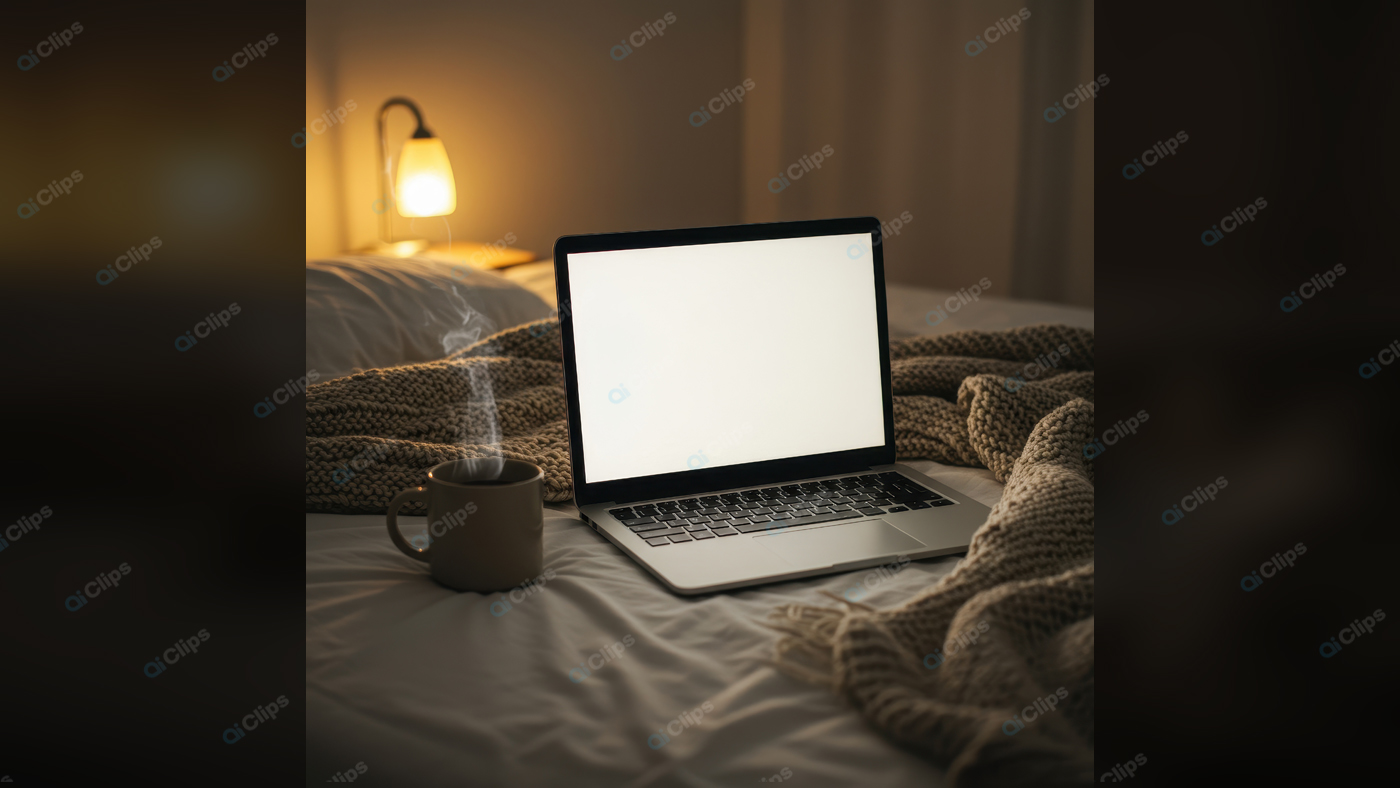 Cozy Bedroom Setup with Laptop and Warm Drink