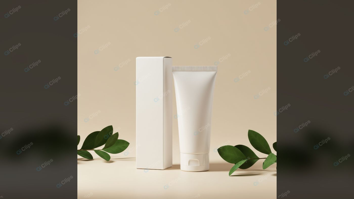 Minimalist Cosmetic Tube with Leaves on Neutral Background
