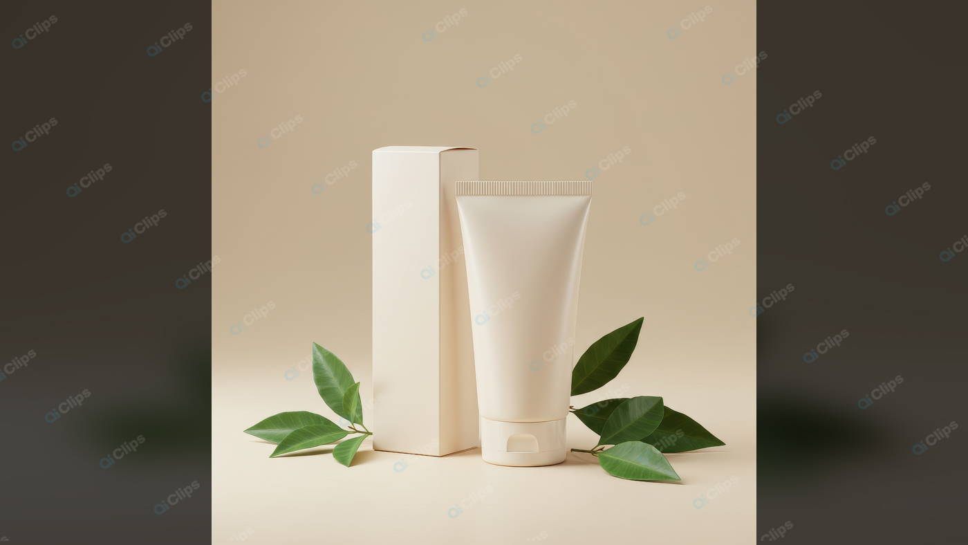 Cream Tube with Packaging and Green Leaves on Neutral Background