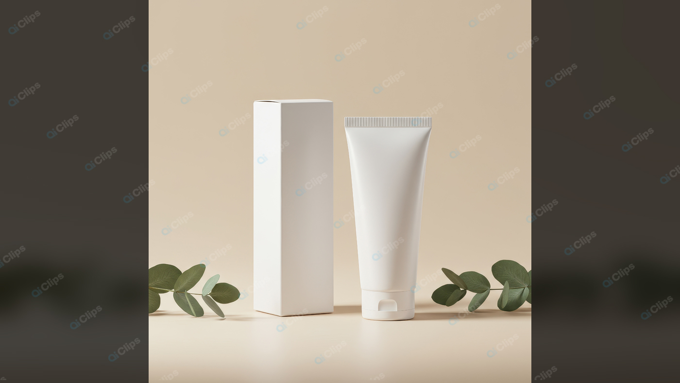Cosmetic Tube and Box with Eucalyptus on Beige Background