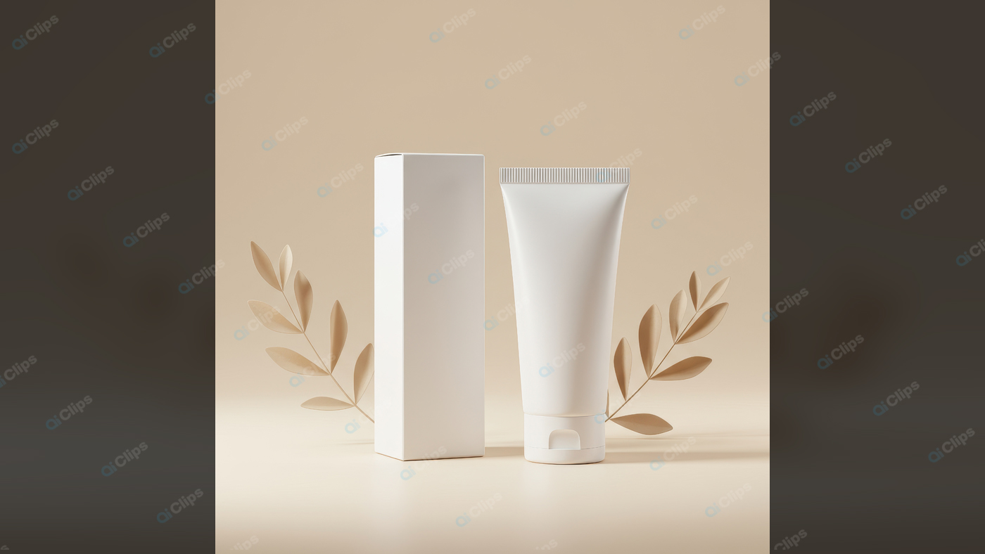 Minimalist Cosmetic Tube and Box with Leaves on Beige Background