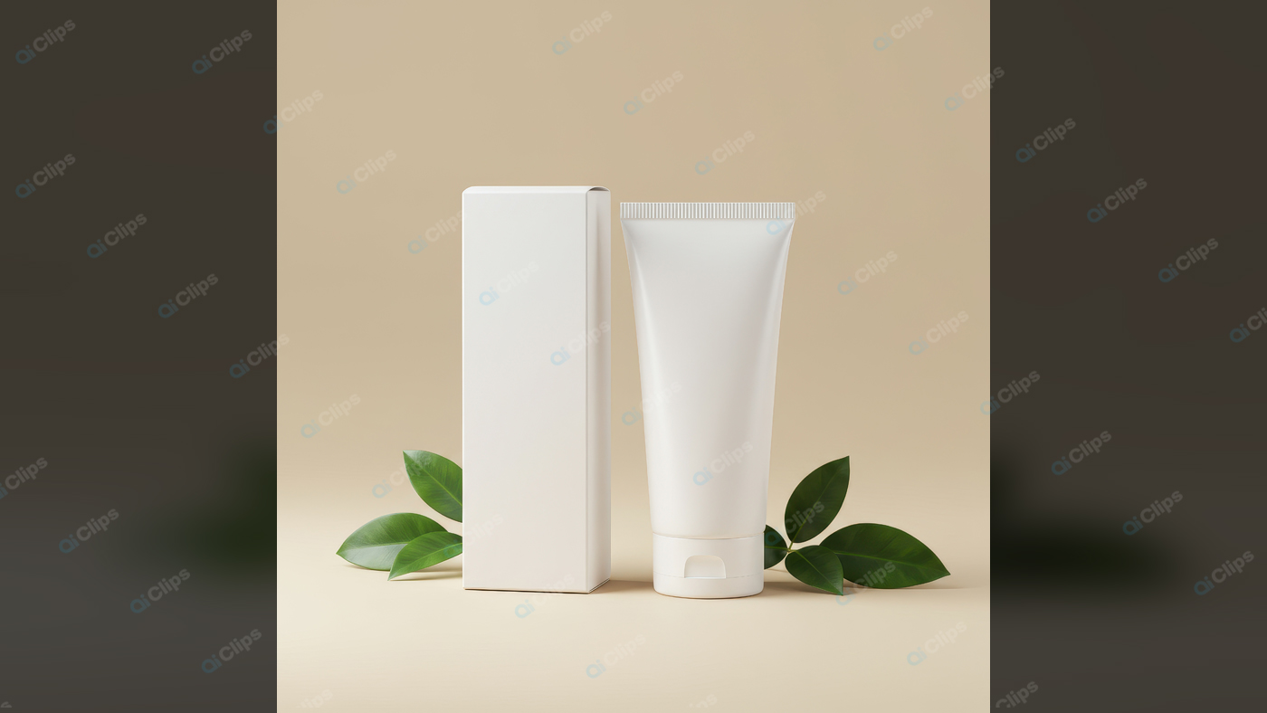 Cream Tube and Box with Green Leaves on Beige Background
