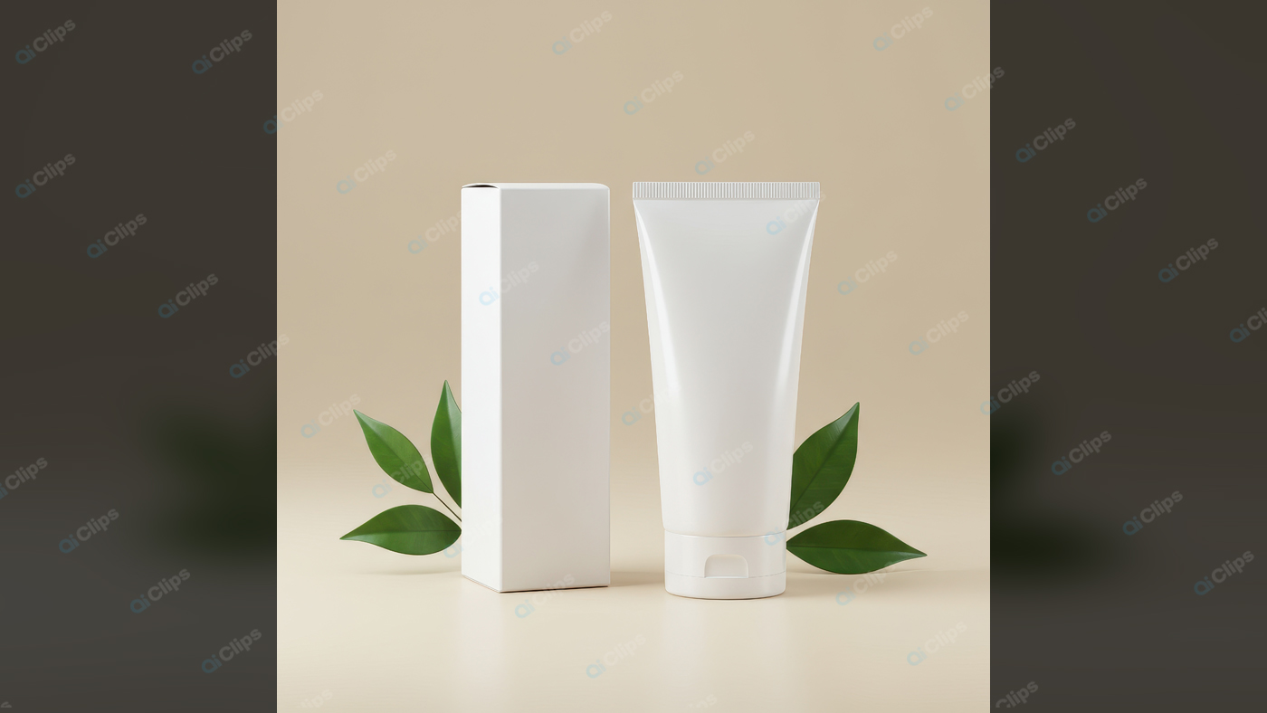 Minimalist Skincare Tube and Box with Green Leaves