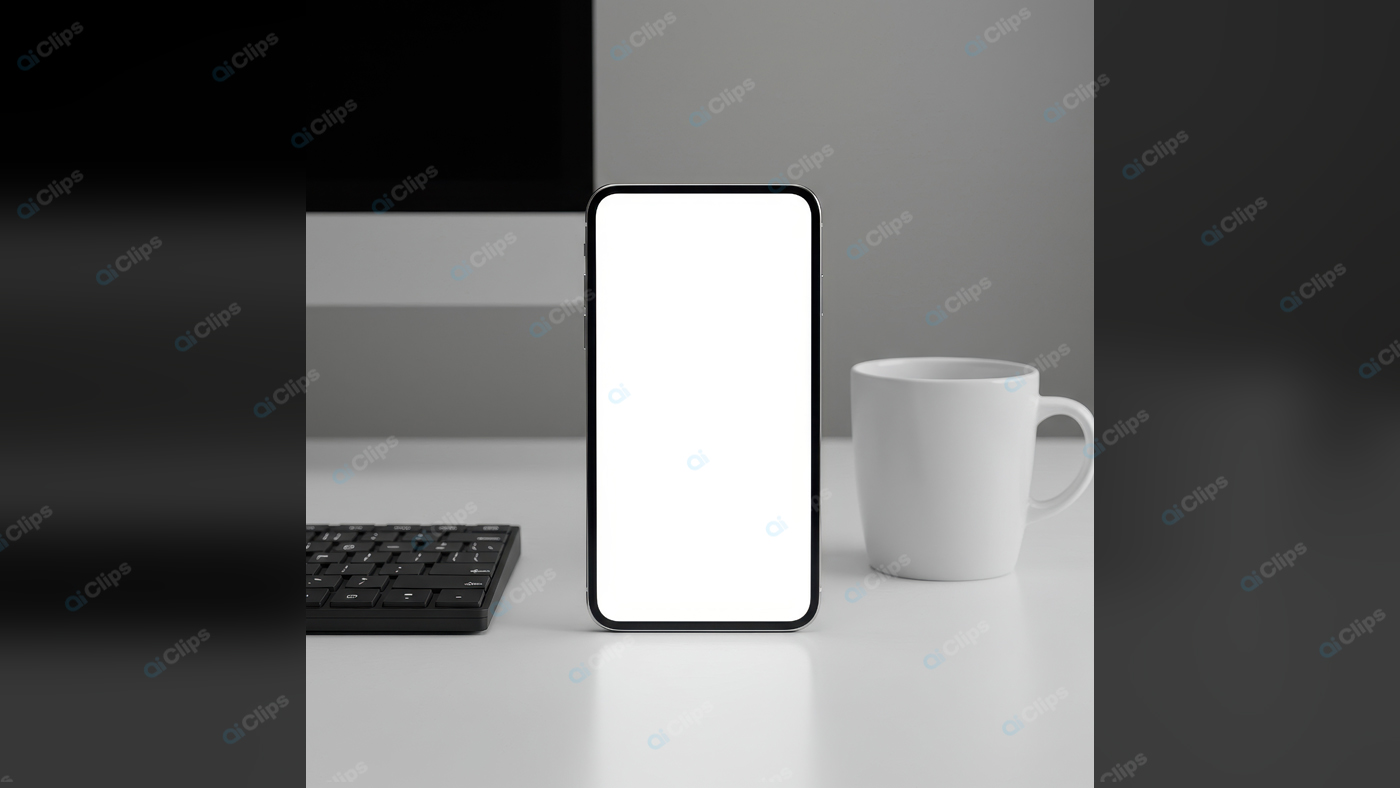 Smartphone with Blank Screen on Desk Next to Keyboard and Mug